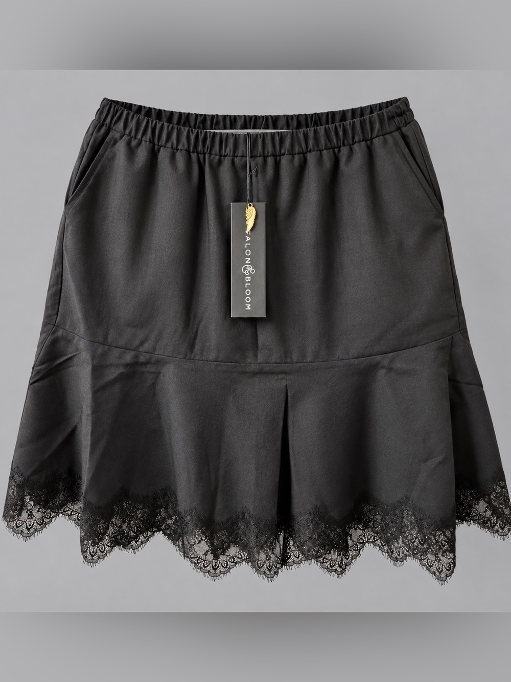 NWT Falcon & Bloom Black Lace Trim Flounce Skirt Size L Romantic